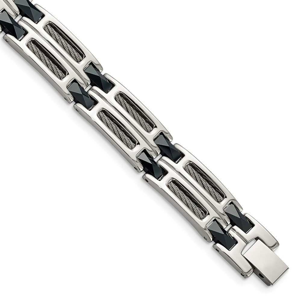 Men&#39;s Stainless Steel and Blue Ceramic Link Bracelet, 8.75 Inch, Item B8191 by The Black Bow Jewelry Co.