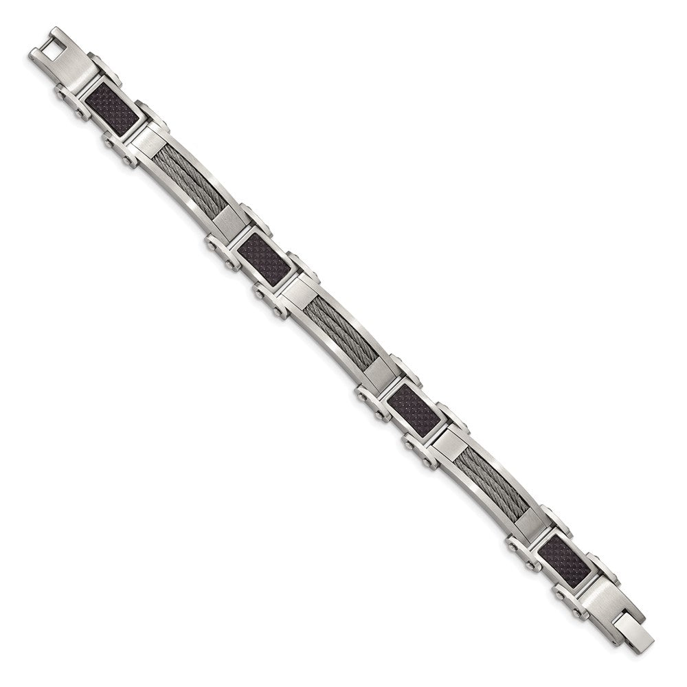 Alternate view of the Men&#39;s Stainless Steel Carbon Fiber and Cable Link Bracelet, 8.5 Inch by The Black Bow Jewelry Co.