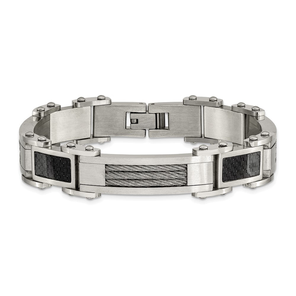 Alternate view of the Men&#39;s Stainless Steel Carbon Fiber and Cable Link Bracelet, 8.5 Inch by The Black Bow Jewelry Co.