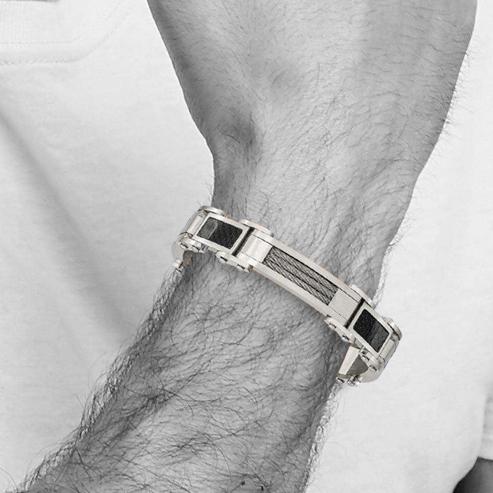 Alternate view of the Men&#39;s Stainless Steel Carbon Fiber and Cable Link Bracelet, 8.5 Inch by The Black Bow Jewelry Co.