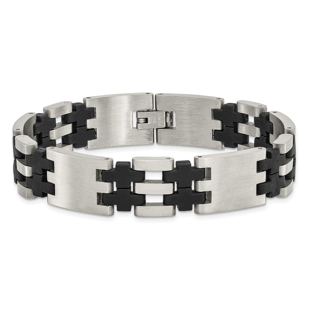 Alternate view of the Men&#39;s 13.5mm Stainless Steel Black Rubber Link Bracelet, 8.75 Inch by The Black Bow Jewelry Co.