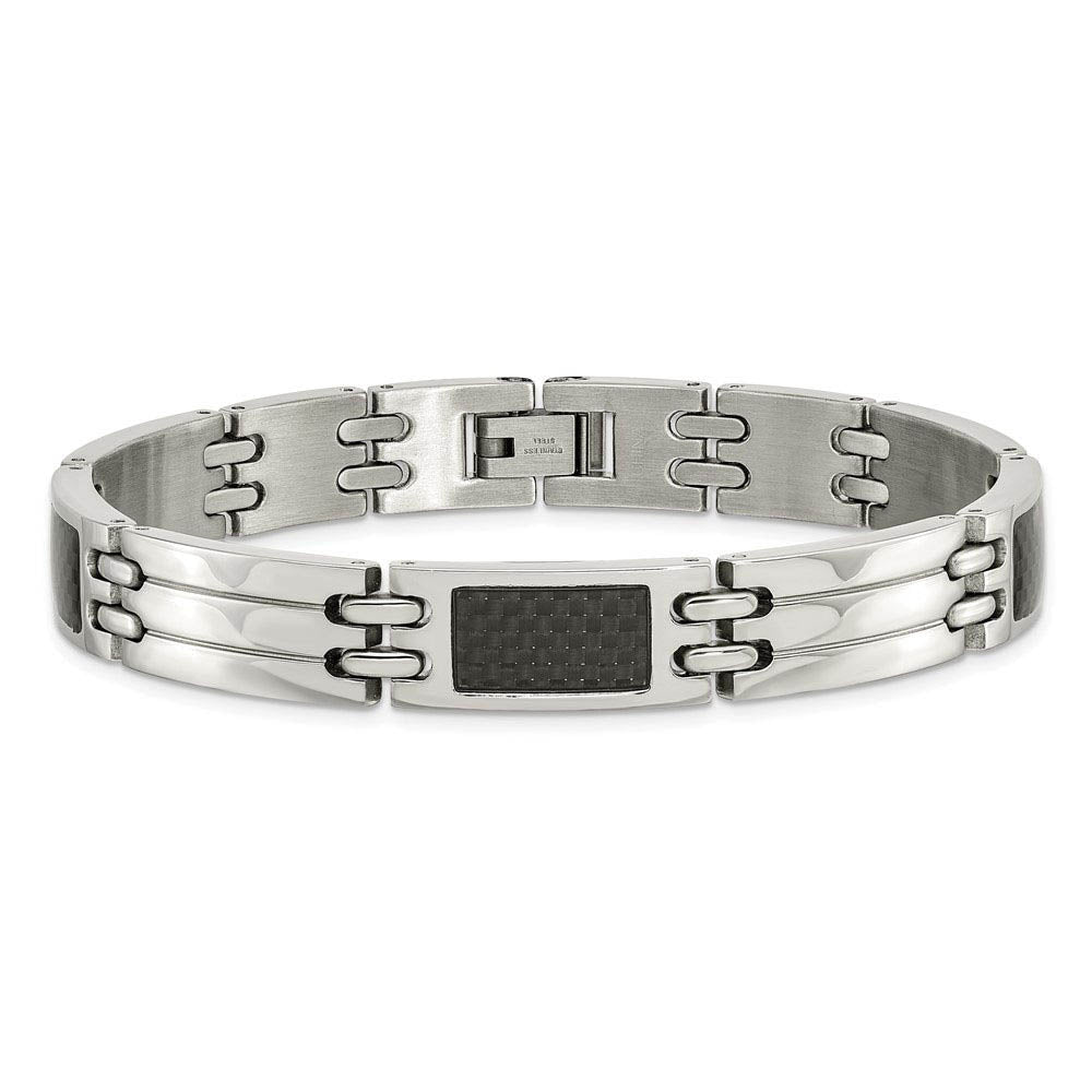 Alternate view of the Men's 8mm Stainless Steel Carbon Fiber Link Bracelet, 8.5 Inch by The Black Bow Jewelry Co.