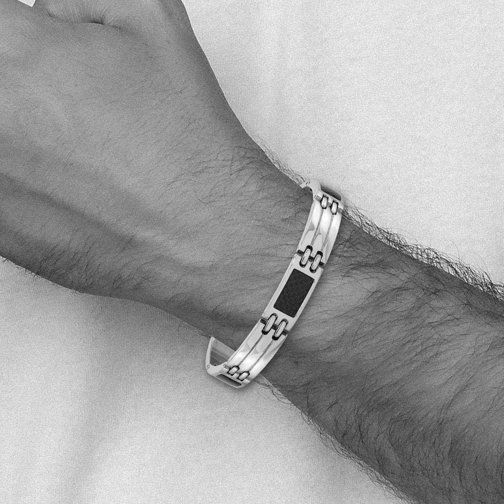Alternate view of the Men's 8mm Stainless Steel Carbon Fiber Link Bracelet, 8.5 Inch by The Black Bow Jewelry Co.