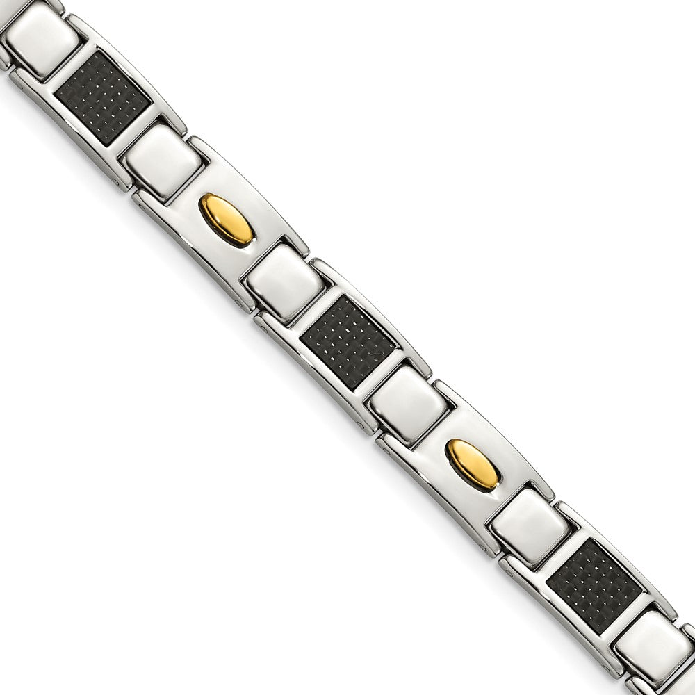 Men&#39;s Stainless Steel, Carbon Fiber &amp; Gold Tone Bracelet, 9.5 Inch, Item B8202 by The Black Bow Jewelry Co.