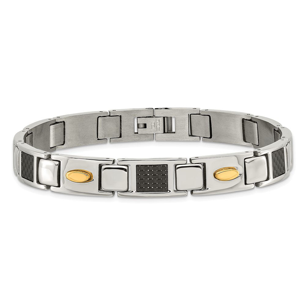 Alternate view of the Men&#39;s Stainless Steel, Carbon Fiber &amp; Gold Tone Bracelet, 9.5 Inch by The Black Bow Jewelry Co.