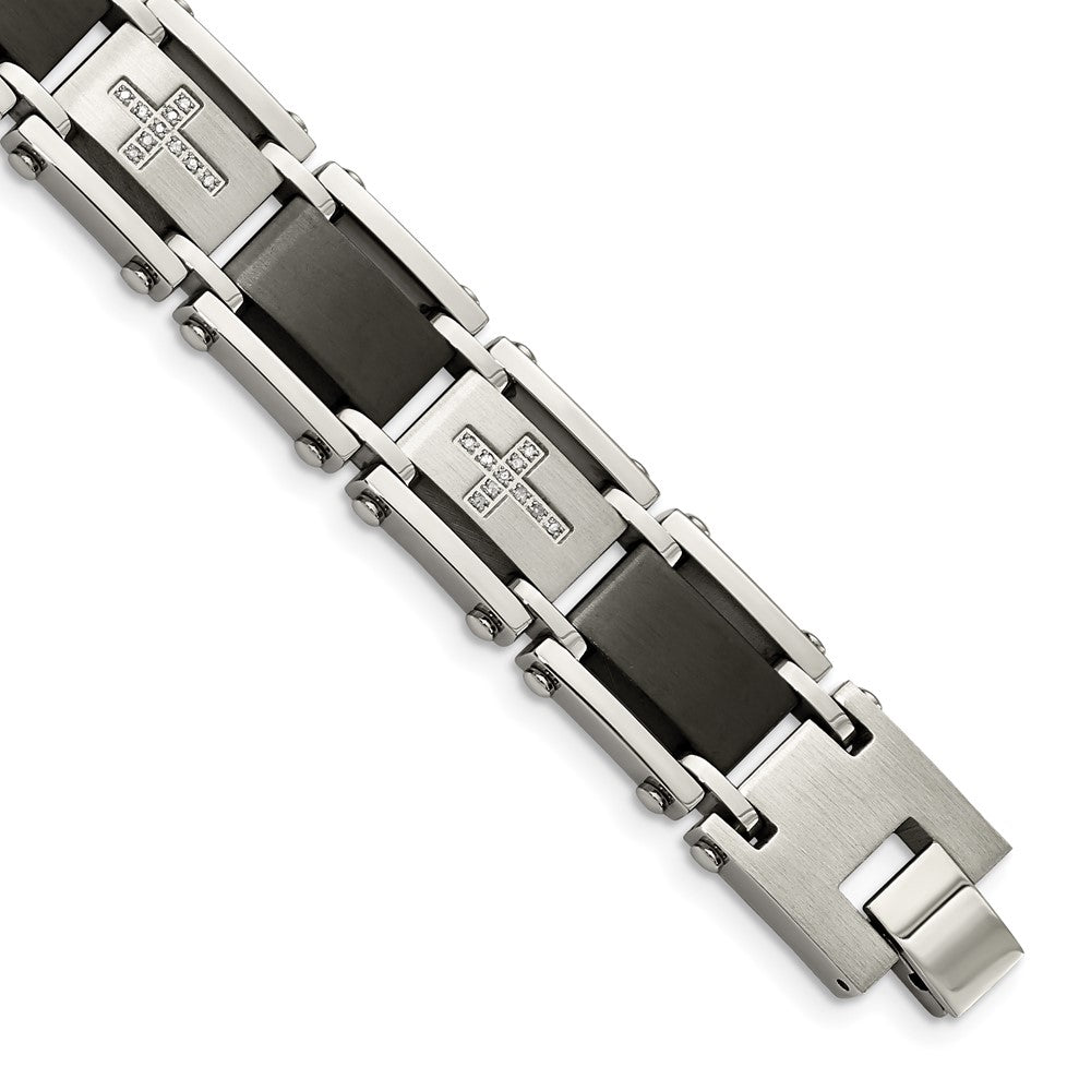 Men&#39;s Stainless Steel, Black Link &amp; Diamond Cross Bracelet, 8.75 Inch, Item B8206 by The Black Bow Jewelry Co.