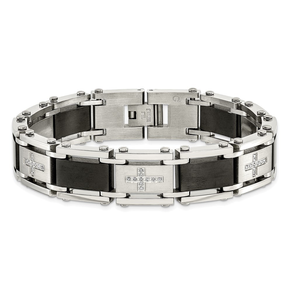 Alternate view of the Men&#39;s Stainless Steel, Black Link &amp; Diamond Cross Bracelet, 8.75 Inch by The Black Bow Jewelry Co.