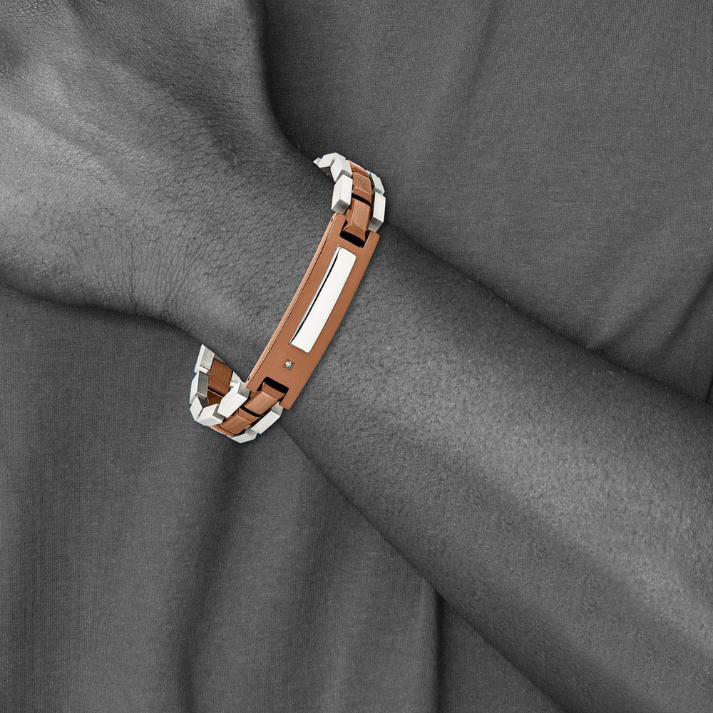 Alternate view of the Men's Stainless Steel, Cognac Plated & Diamond I.D. Bracelet, 8.5 Inch by The Black Bow Jewelry Co.