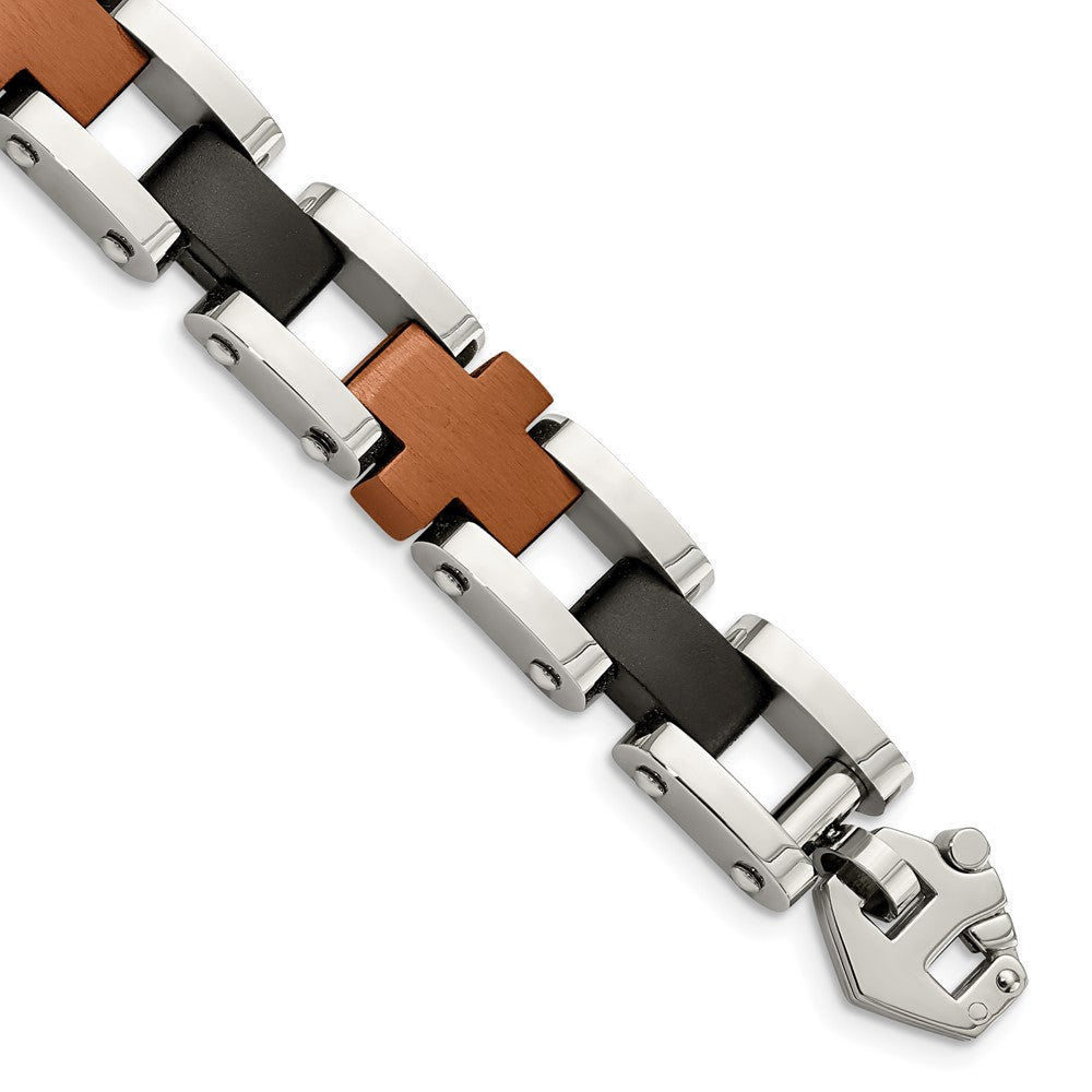 Men&#39;s Stainless Steel, Black and Cognac Cross Link Bracelet, 8.75 Inch, Item B8227 by The Black Bow Jewelry Co.