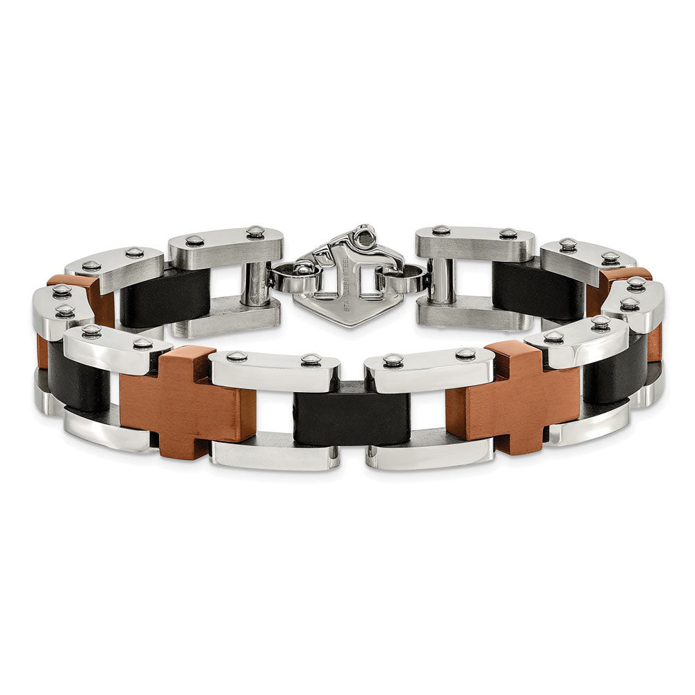 Alternate view of the Men&#39;s Stainless Steel, Black and Cognac Cross Link Bracelet, 8.75 Inch by The Black Bow Jewelry Co.