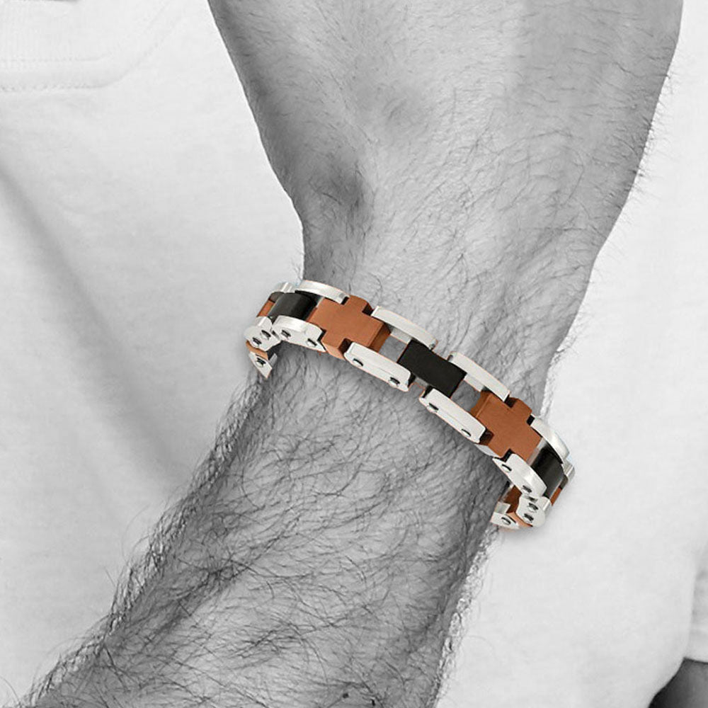Alternate view of the Men&#39;s Stainless Steel, Black and Cognac Cross Link Bracelet, 8.75 Inch by The Black Bow Jewelry Co.