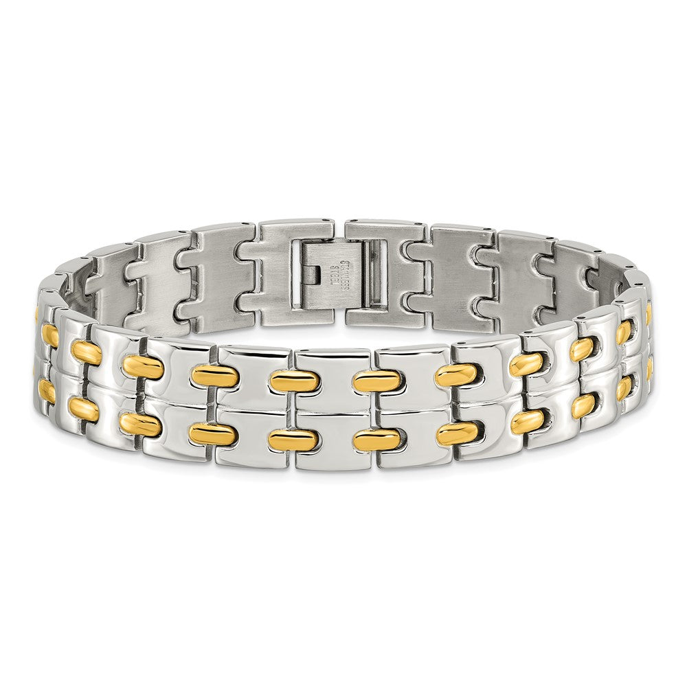 Alternate view of the Men&#39;s Stainless Steel &amp; Gold Tone, 13mm Link Bracelet, 8.5 Inch by The Black Bow Jewelry Co.