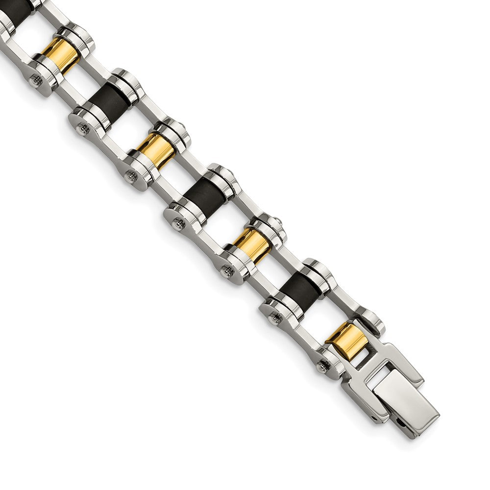 Men&#39;s Stainless Steel, Gold Tone and Black Rubber Bracelet, 8.75 Inch, Item B8259 by The Black Bow Jewelry Co.