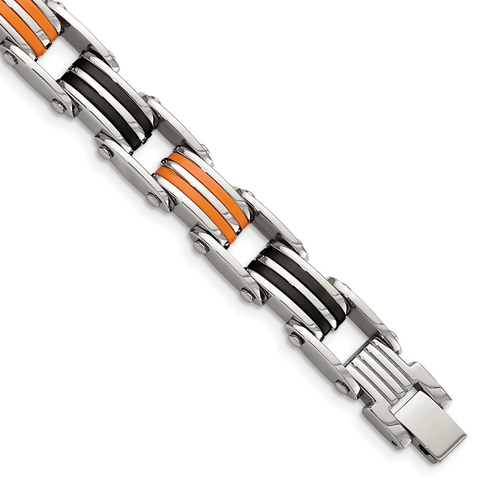 Men&#39;s 10mm Stainless Steel Black and Orange Rubber Bracelet, 8.75 Inch, Item B8273 by The Black Bow Jewelry Co.