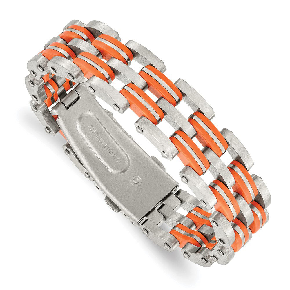 Men&#39;s 14mm Stainless Steel Orange Rubber Bracelet, 8 Inch, Item B8276 by The Black Bow Jewelry Co.
