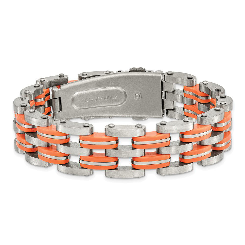 Alternate view of the Men&#39;s 14mm Stainless Steel Orange Rubber Bracelet, 8 Inch by The Black Bow Jewelry Co.