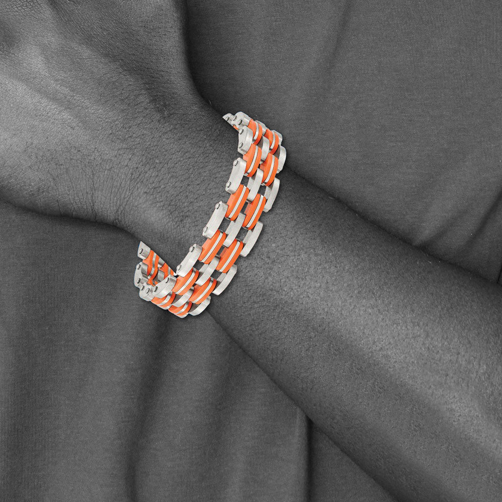 Alternate view of the Men&#39;s 14mm Stainless Steel Orange Rubber Bracelet, 8 Inch by The Black Bow Jewelry Co.