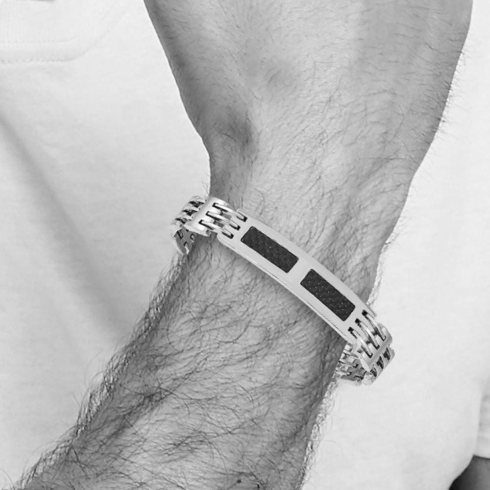 Alternate view of the Men&#39;s 10mm Stainless Steel &amp; Carbon Fiber I.D. Bracelet, 8.5 Inch by The Black Bow Jewelry Co.