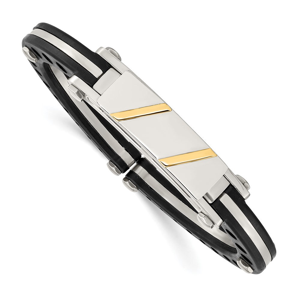 Men&#39;s Stainless Steel, Black PVC &amp; 14k Gold Inlay ID Cuff Bracelet, Item B8343 by The Black Bow Jewelry Co.