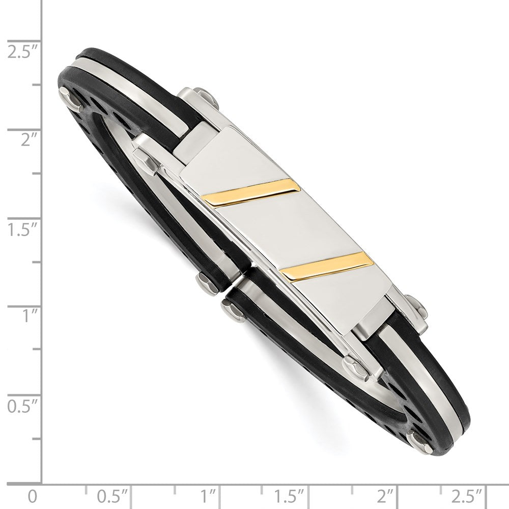 Alternate view of the Men&#39;s Stainless Steel, Black PVC &amp; 14k Gold Inlay ID Cuff Bracelet by The Black Bow Jewelry Co.