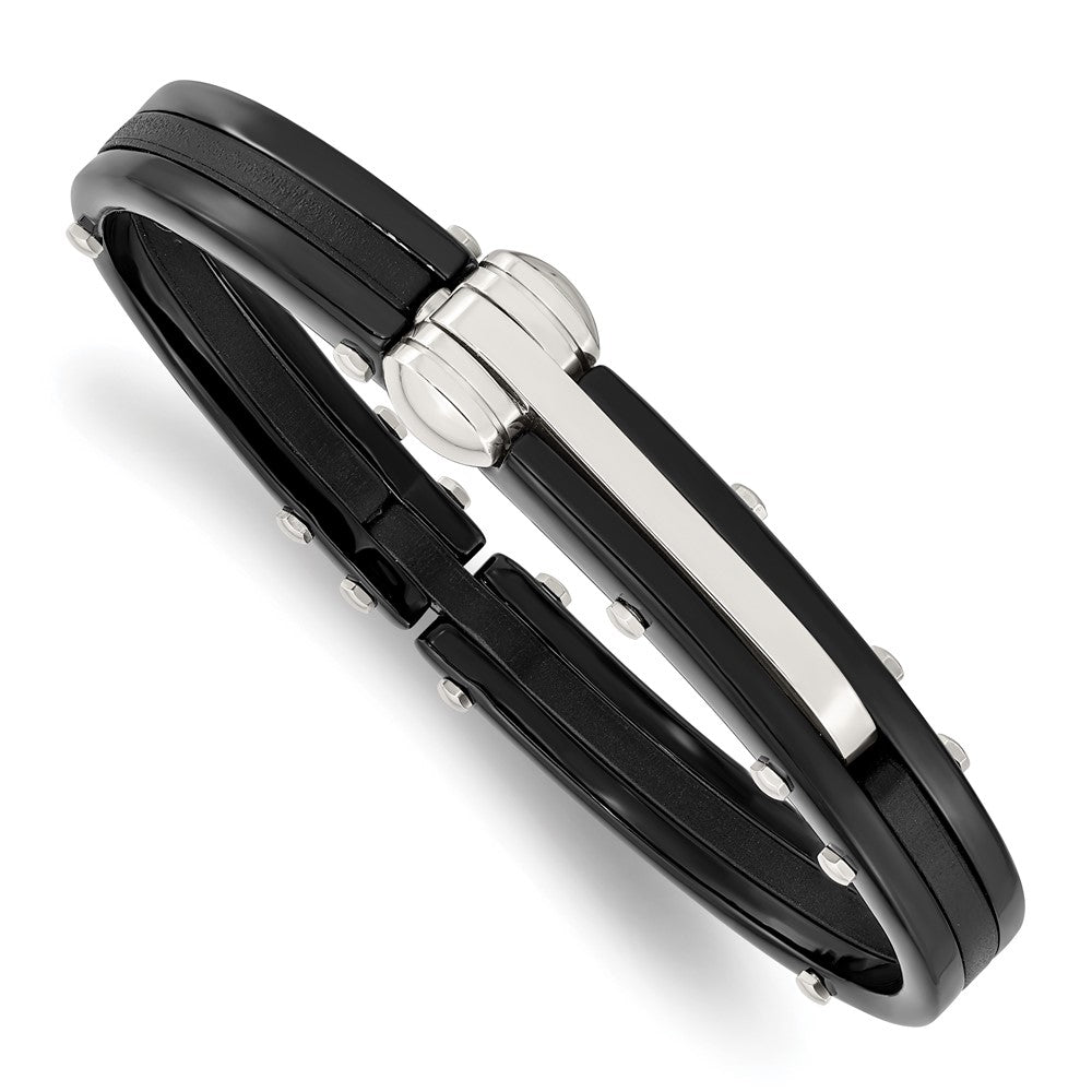 Men&#39;s Two Tone Stainless Steel &amp; Black Pvc 10mm Hinged Bangle Bracelet, Item B8350 by The Black Bow Jewelry Co.