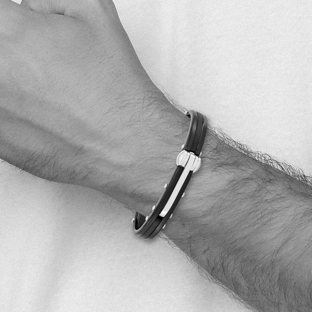 Alternate view of the Men&#39;s Two Tone Stainless Steel &amp; Black Pvc 10mm Hinged Bangle Bracelet by The Black Bow Jewelry Co.