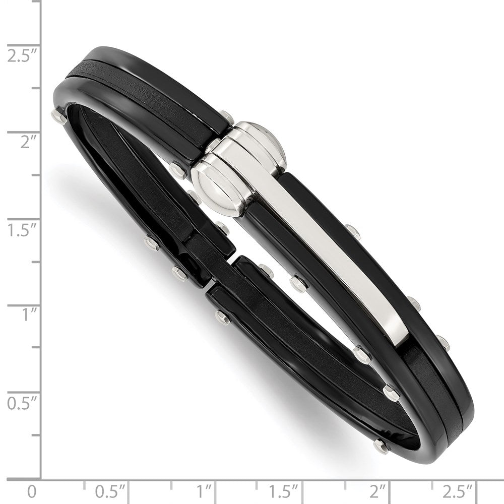 Alternate view of the Men&#39;s Two Tone Stainless Steel &amp; Black Pvc 10mm Hinged Bangle Bracelet by The Black Bow Jewelry Co.