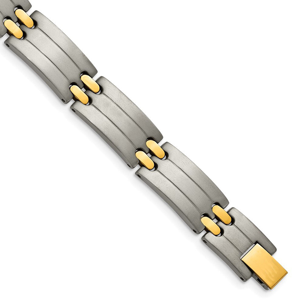 Men&#39;s 11mm Titanium and Gold Tone Solid Link Bracelet - 8.5 Inch, Item B8391 by The Black Bow Jewelry Co.