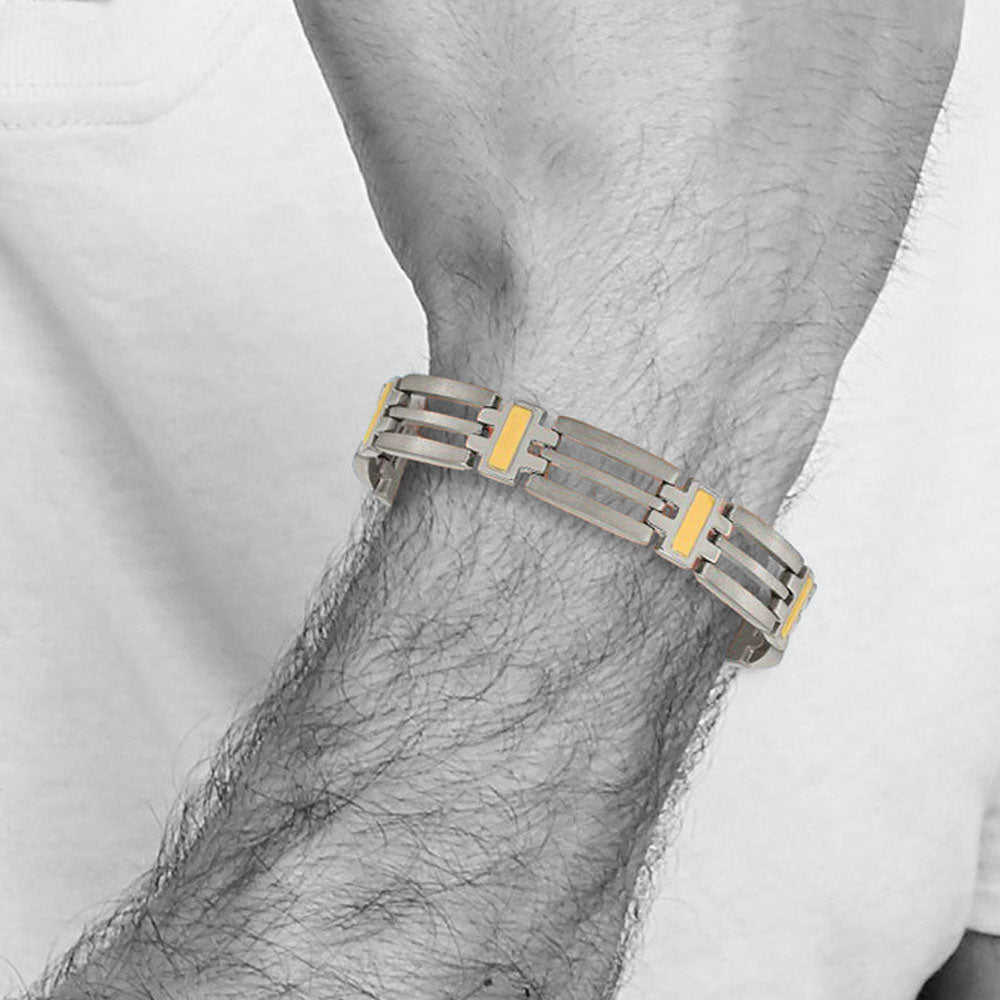 Alternate view of the Men&#39;s 11mm Titanium and Gold Tone Open Link Bracelet - 8.5 Inch by The Black Bow Jewelry Co.