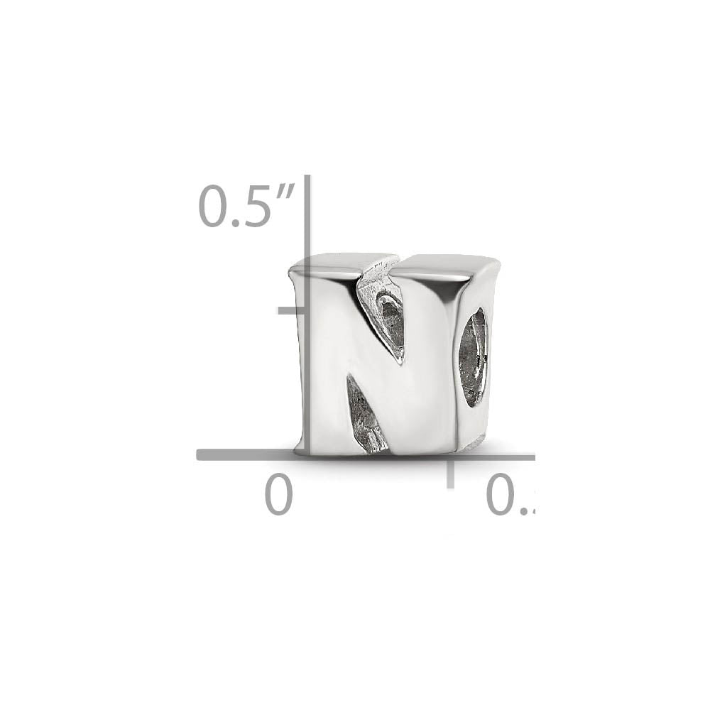 Alternate view of the Sterling Silver Letter N Polished Bead Charm, 10mm by The Black Bow Jewelry Co.