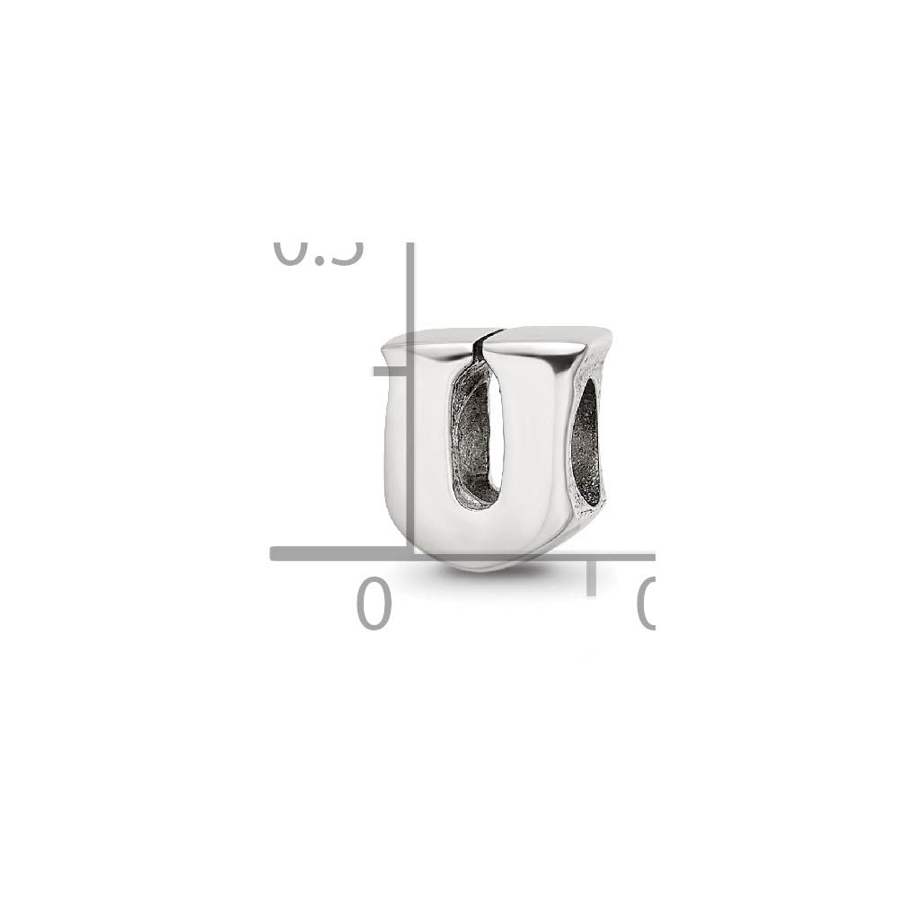Alternate view of the Sterling Silver Letter U Polished Bead Charm, 10mm by The Black Bow Jewelry Co.