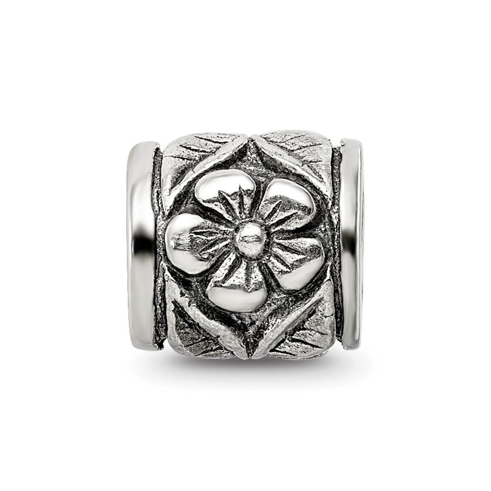 Alternate view of the Sterling Silver Flower Barrel Bead Charm by The Black Bow Jewelry Co.