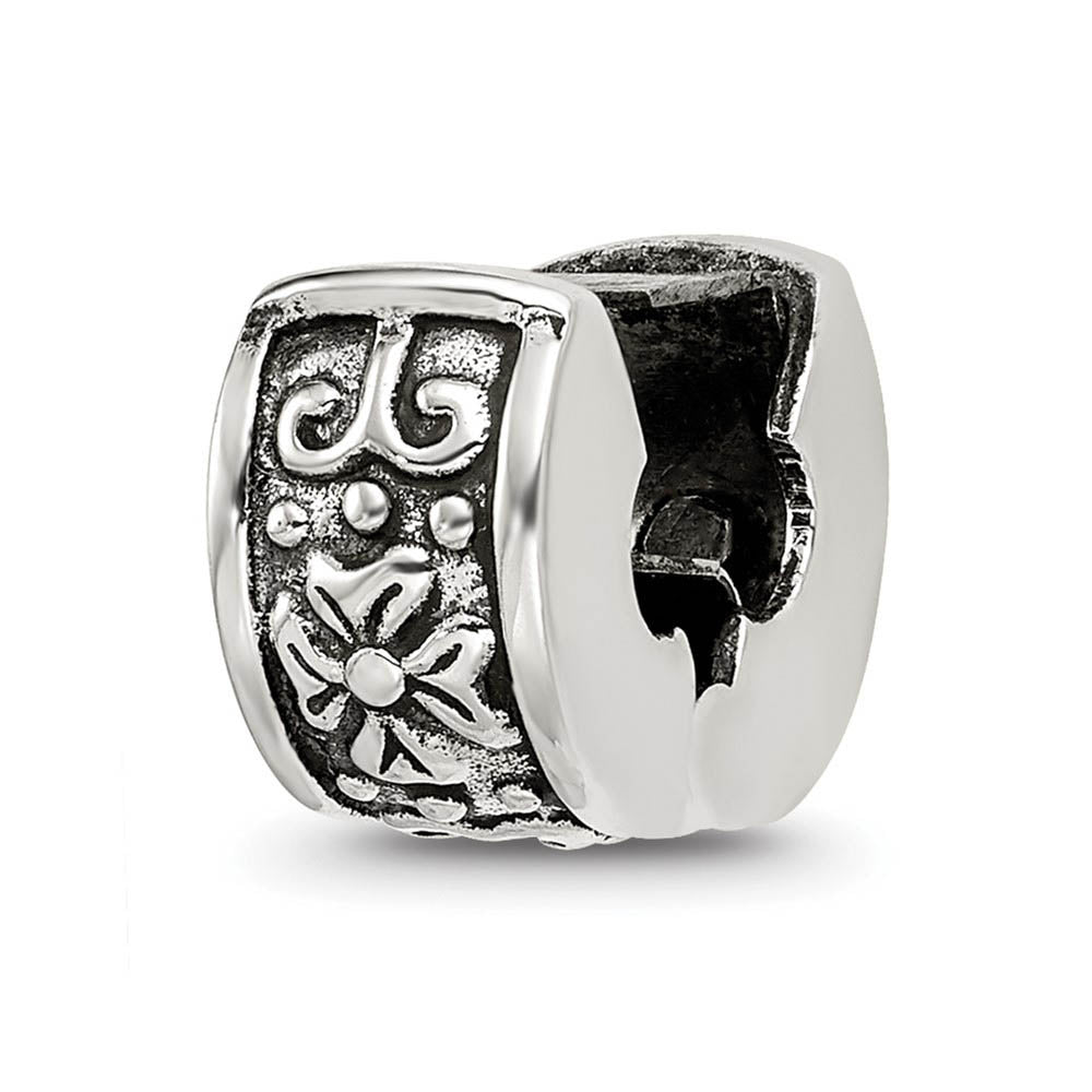 Alternate view of the Sterling Silver Antiqued Floral Hinged Clip Bead Charm by The Black Bow Jewelry Co.