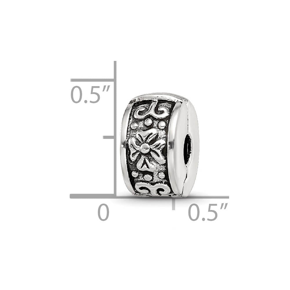 Alternate view of the Sterling Silver Antiqued Floral Hinged Clip Bead Charm by The Black Bow Jewelry Co.