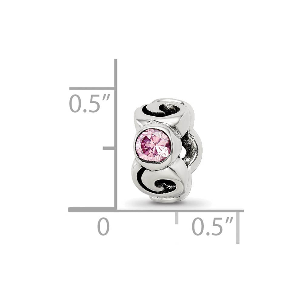 Alternate view of the Sterling Silver and Pink CZ, Three-Stone Bead Charm by The Black Bow Jewelry Co.