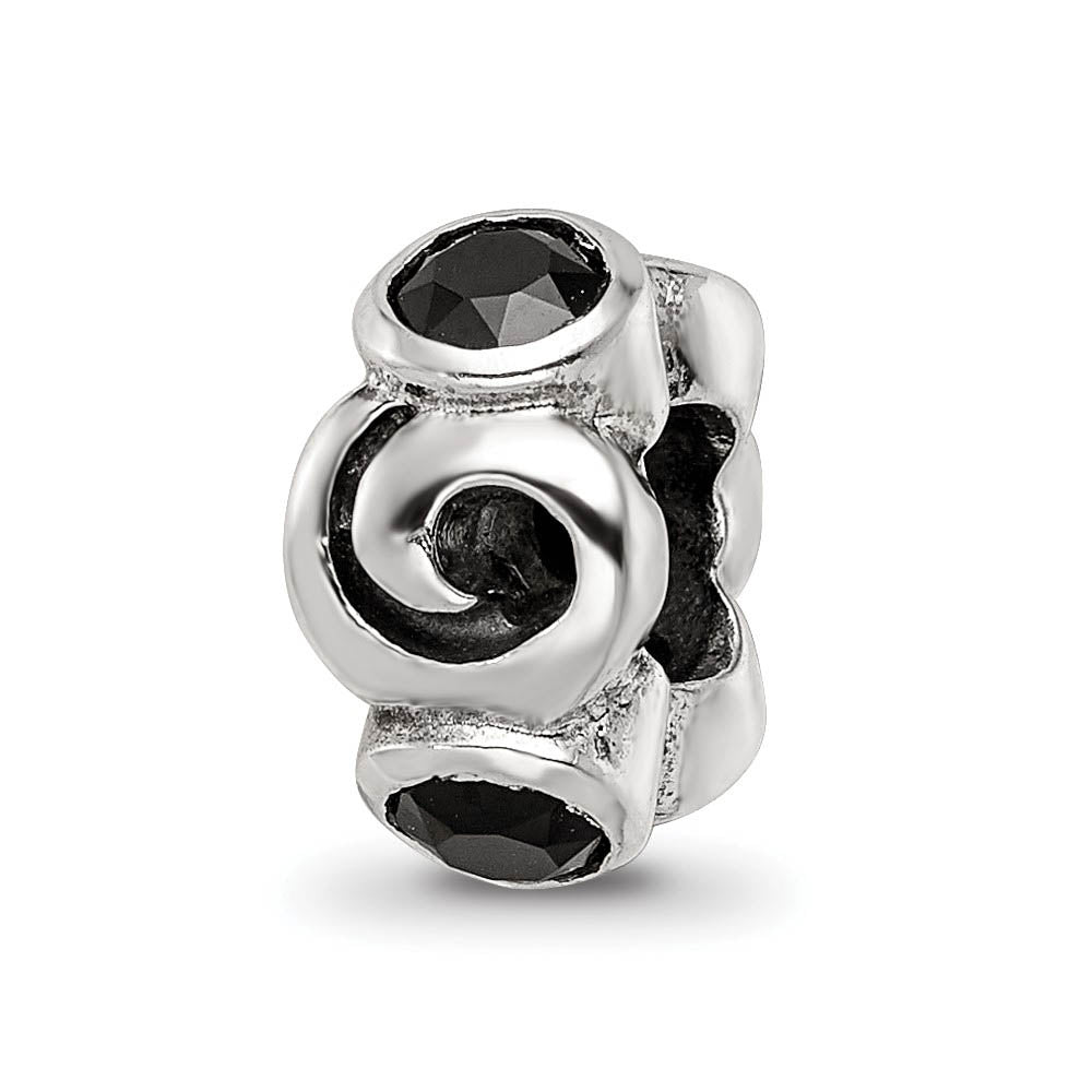 Alternate view of the Sterling Silver and Black CZ, Three-Stone Swirl Bead Charm by The Black Bow Jewelry Co.