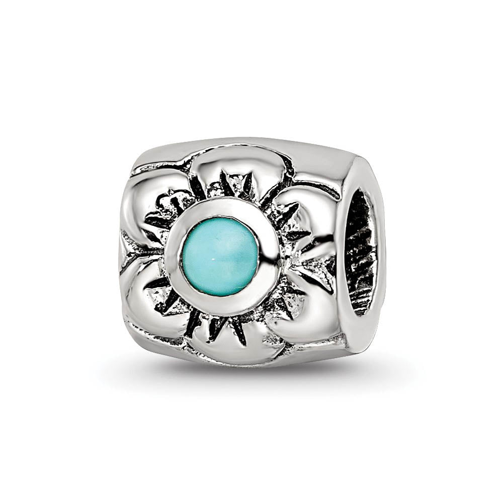 Sterling Silver and Blue-Green CZ, Floral Bead Charm, Item B8965 by The Black Bow Jewelry Co.