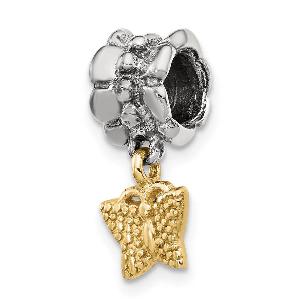 Sterling Silver & 14k Yellow Gold Butterfly Dangle Bead Charm, Item B8983 by The Black Bow Jewelry Co.