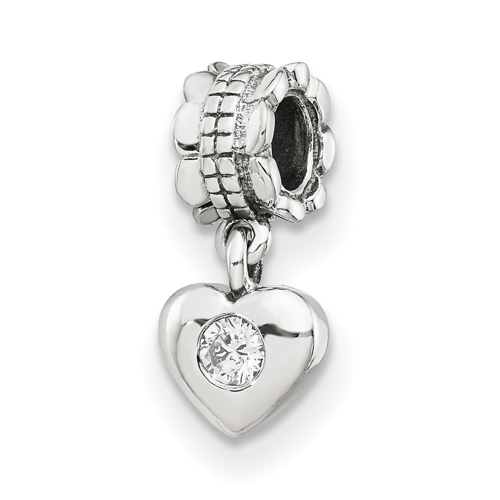Sterling Silver and Cubic Zirconia Heart Dangle Bead Charm, Item B9004 by The Black Bow Jewelry Co.