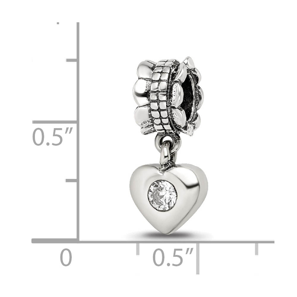 Alternate view of the Sterling Silver and Cubic Zirconia Heart Dangle Bead Charm by The Black Bow Jewelry Co.