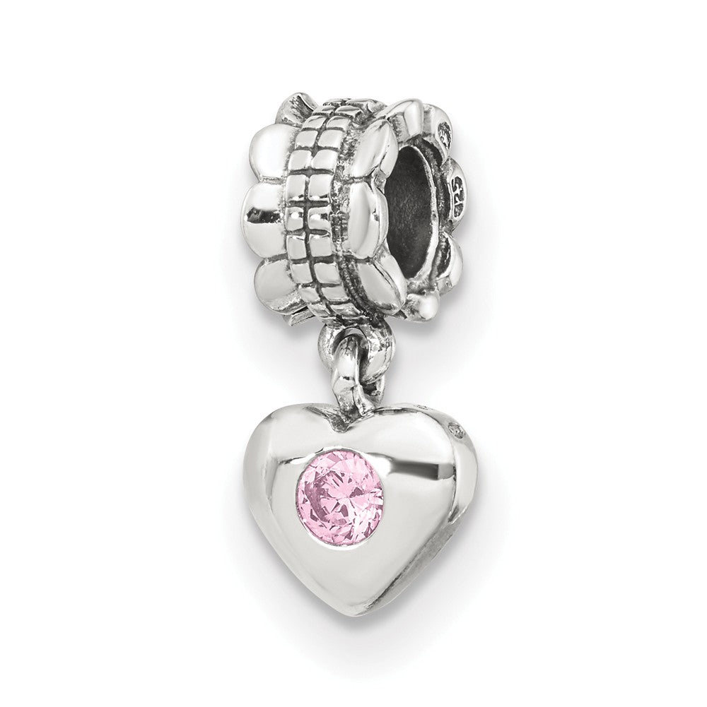 Sterling Silver and Pink CZ Heart Dangle Bead Charm, Item B9005 by The Black Bow Jewelry Co.