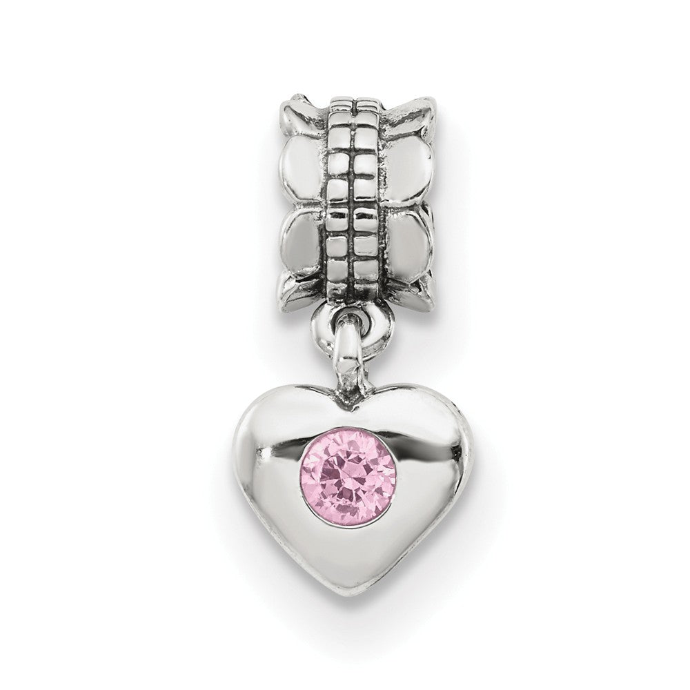 Alternate view of the Sterling Silver and Pink CZ Heart Dangle Bead Charm by The Black Bow Jewelry Co.