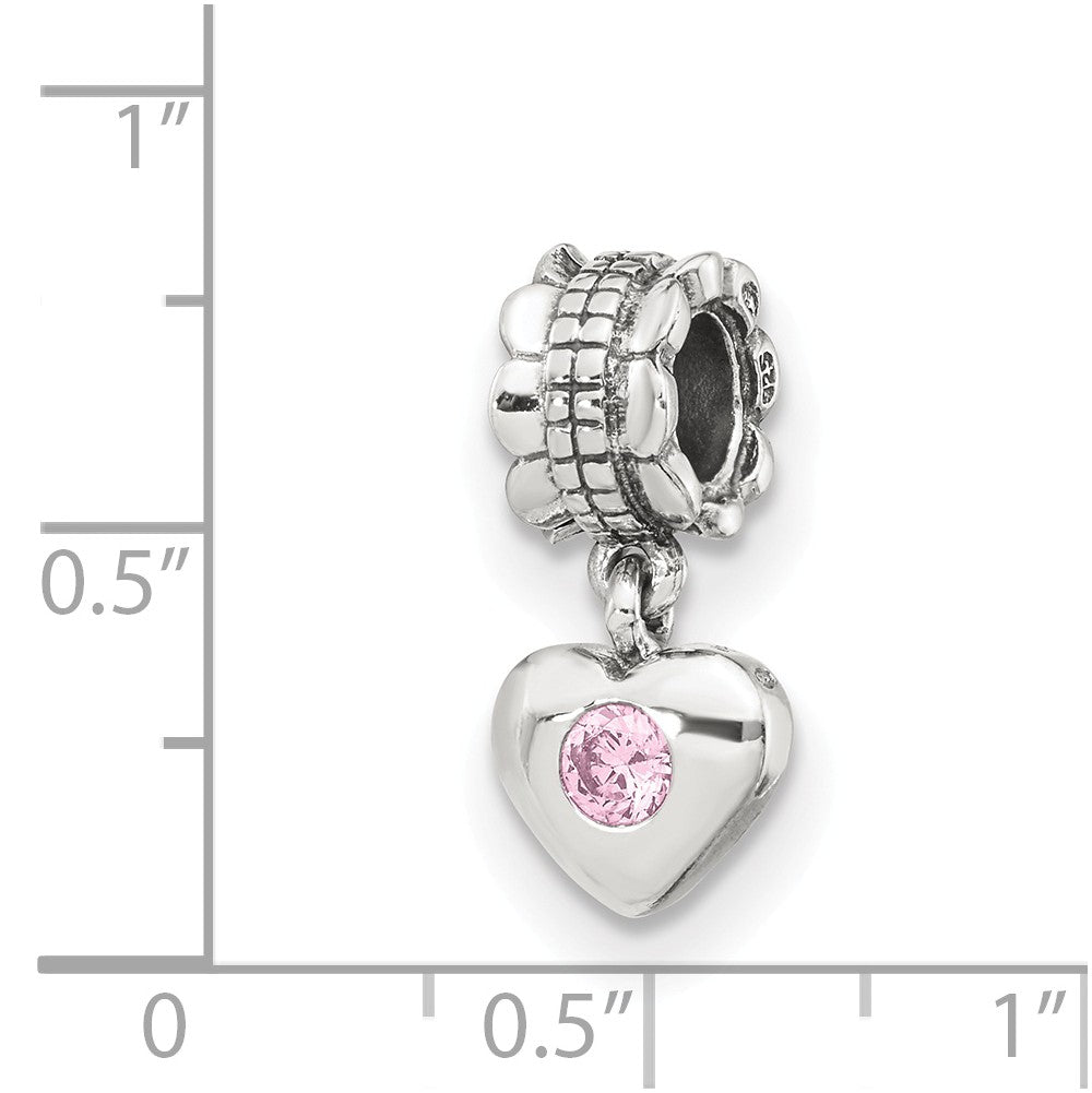Alternate view of the Sterling Silver and Pink CZ Heart Dangle Bead Charm by The Black Bow Jewelry Co.