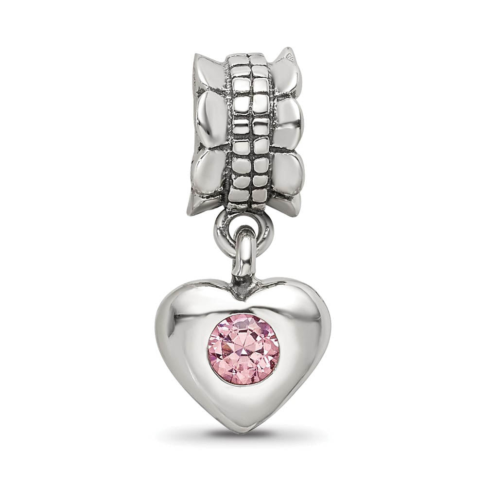 Alternate view of the Sterling Silver and Pink CZ Heart Dangle Bead Charm by The Black Bow Jewelry Co.
