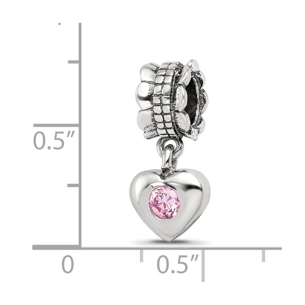 Alternate view of the Sterling Silver and Pink CZ Heart Dangle Bead Charm by The Black Bow Jewelry Co.