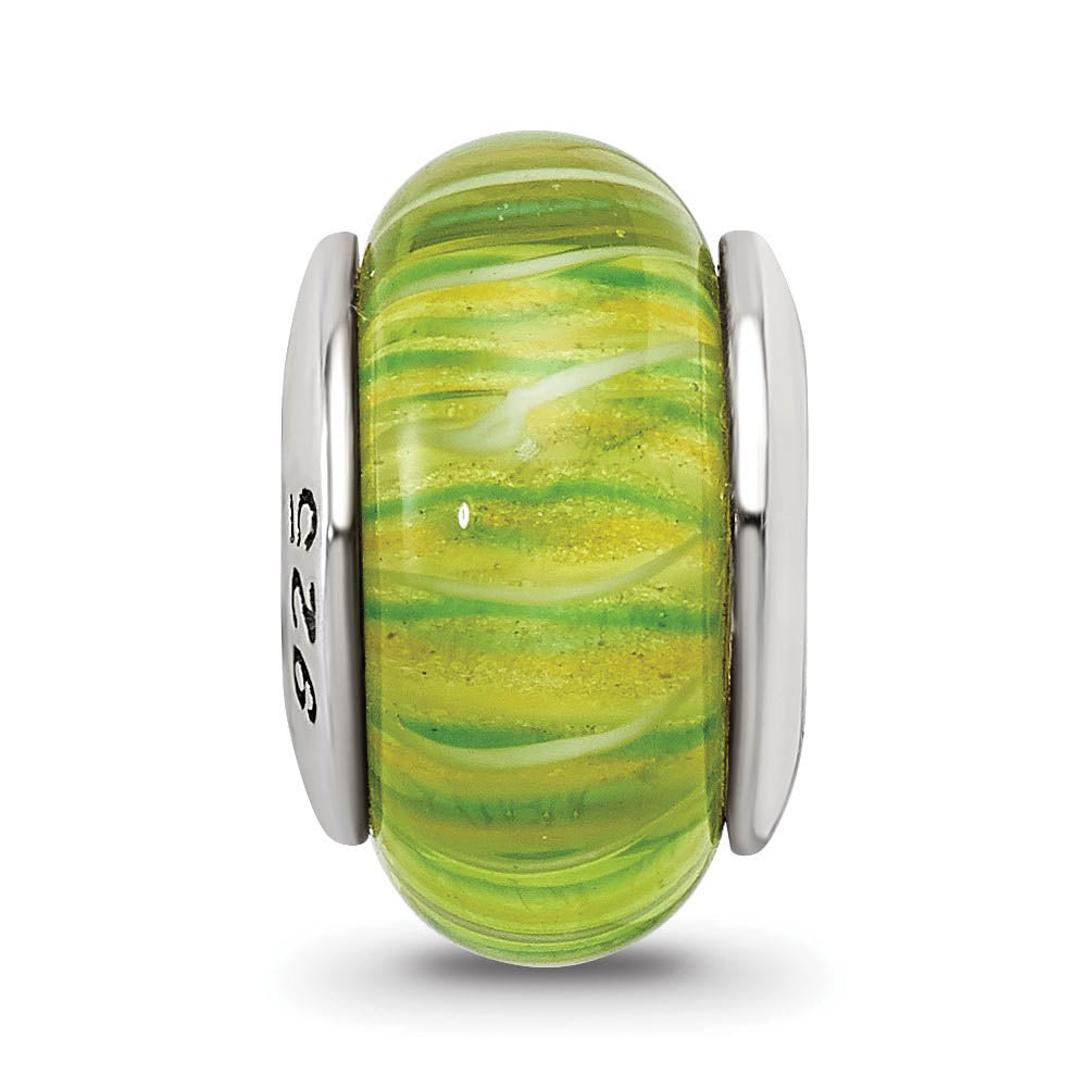 Alternate view of the Green & White Striped Glass Sterling Silver Bead Charm by The Black Bow Jewelry Co.