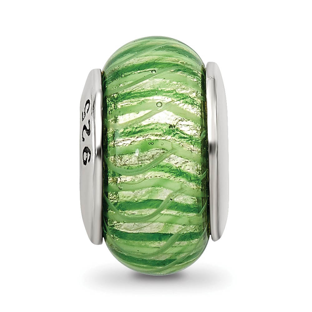 Alternate view of the Green Striped Glass Sterling Silver Bead Charm by The Black Bow Jewelry Co.