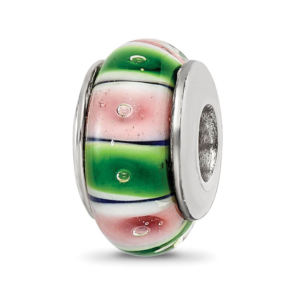 Glass and Sterling Silver Green & Pink Striped Bead Charm, 13.25mm, Item B9151 by The Black Bow Jewelry Co.