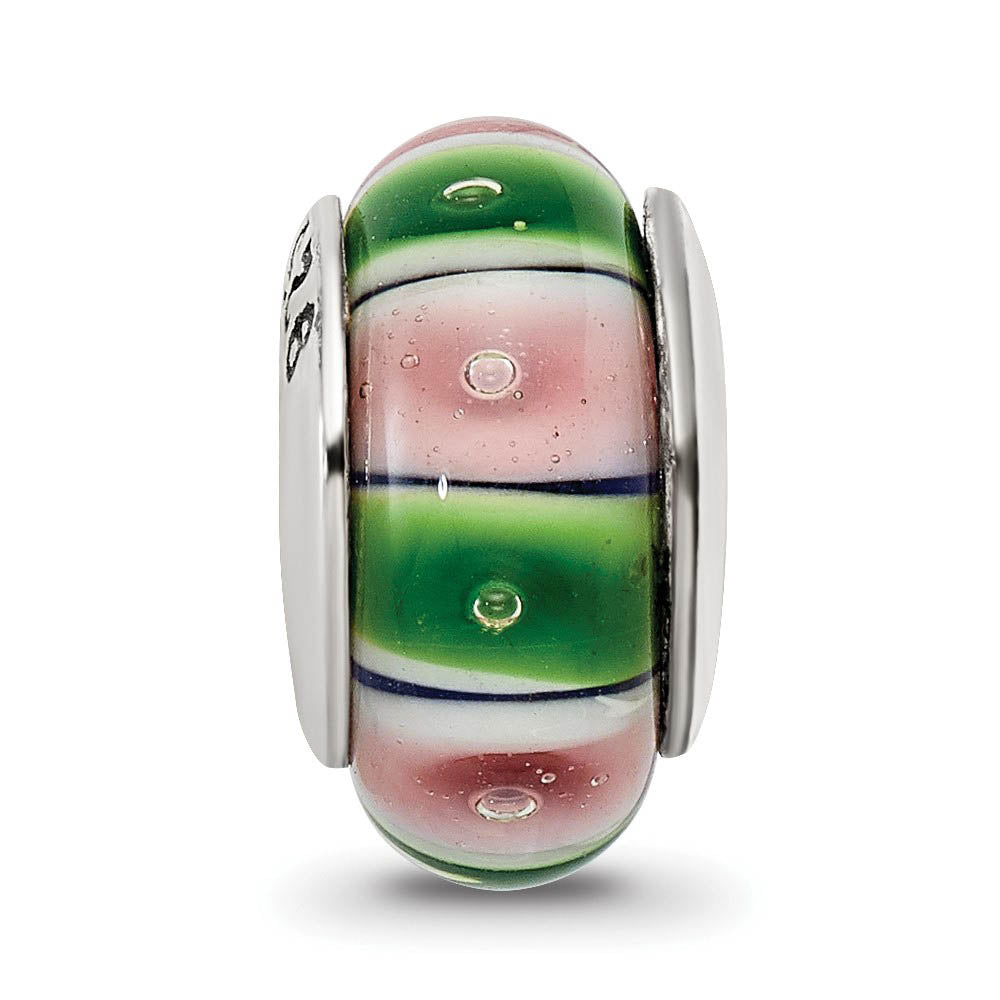 Alternate view of the Glass and Sterling Silver Green & Pink Striped Bead Charm, 13.25mm by The Black Bow Jewelry Co.