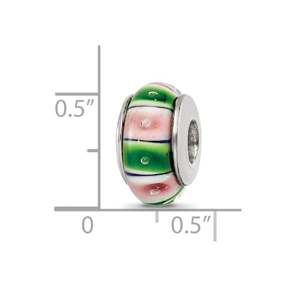 Alternate view of the Glass and Sterling Silver Green & Pink Striped Bead Charm, 13.25mm by The Black Bow Jewelry Co.